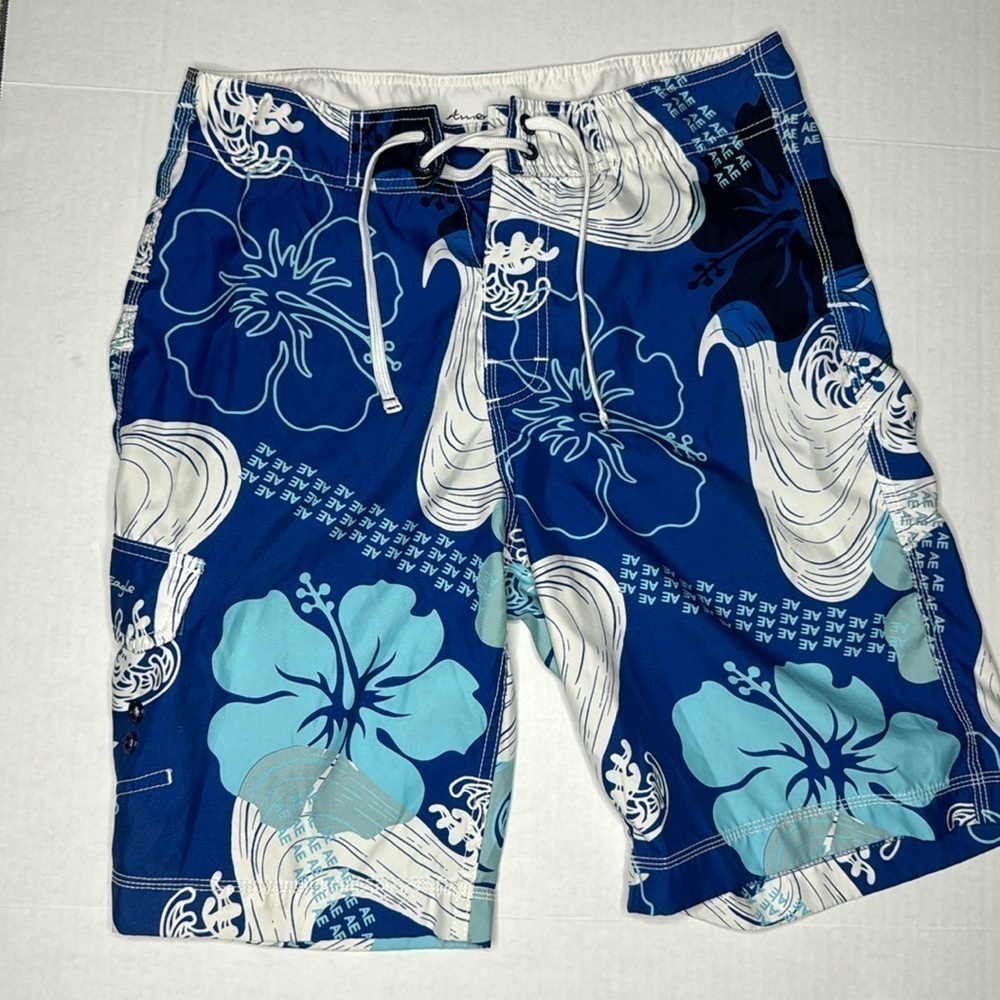 Men's American Eagle Board Shorts Swim Trunks Blue White Floral Size 30